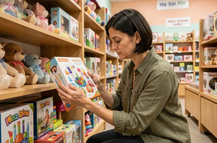 Femme adulte examinant attentivement l'emballage d'un kit scientifique pour enfants dans un magasin de jouets bien organisé