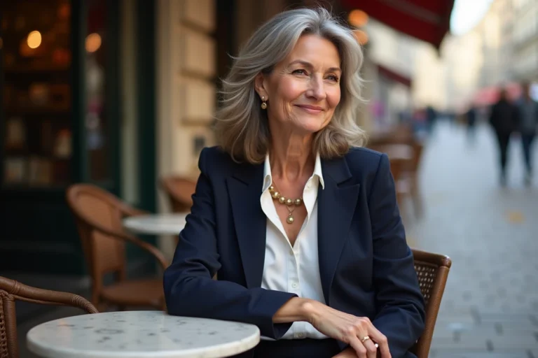 Actrice française élégante d'une cinquantaine d'années attablée à une terrasse de café parisien, sourire confiant et cheveux naturels