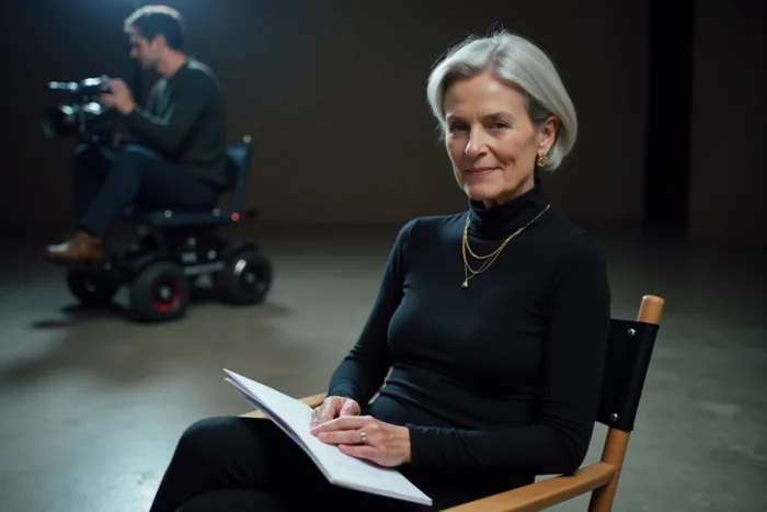 Actrice française aux cheveux argentés en pause sur un plateau de tournage, assise dans une chaise de réalisatrice avec un script