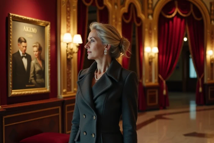 Actrice française élégante dans la soixantaine dans le hall d'un théâtre parisien Art Déco, manteau en laine et boucles d'oreilles en perles