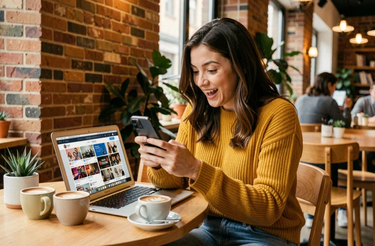 Jeune femme amusée découvrant des actualités insolites sur son smartphone dans un café tendance