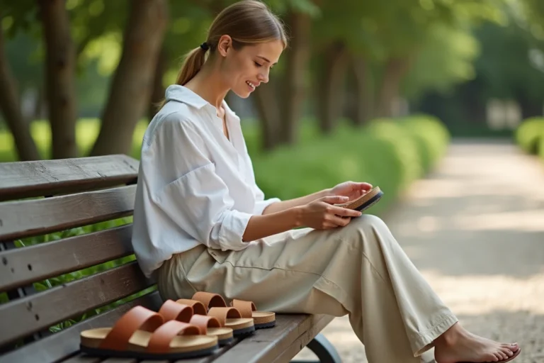 Femme comparant plusieurs sandales alternatives à Birkenstock posées sur un banc en bois dans un parc urbain