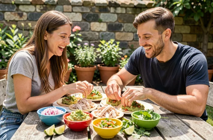 Deux amis assemblant joyeusement des tacos maison avec des accompagnements colorés sur une table de pique-nique en bois dans un jardin ensoleillé