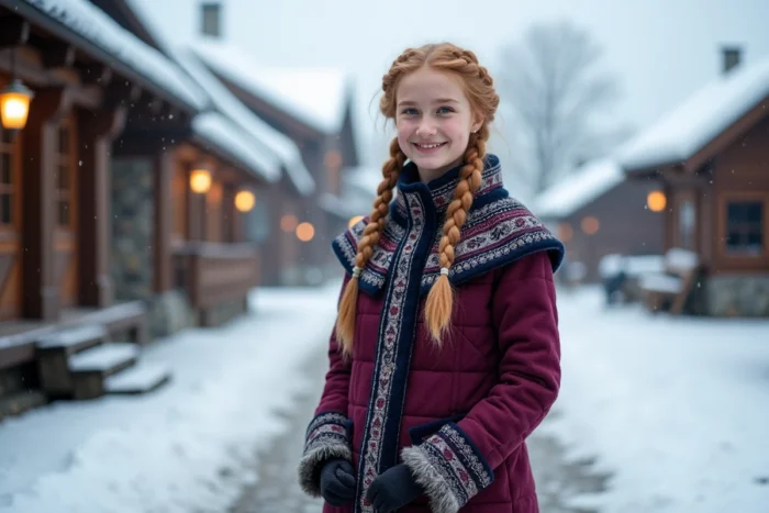 Jeune femme aux cheveux roux tressés en costume nordique magenta dans un village enneigé, inspirée d'Anna de La Reine des Neiges