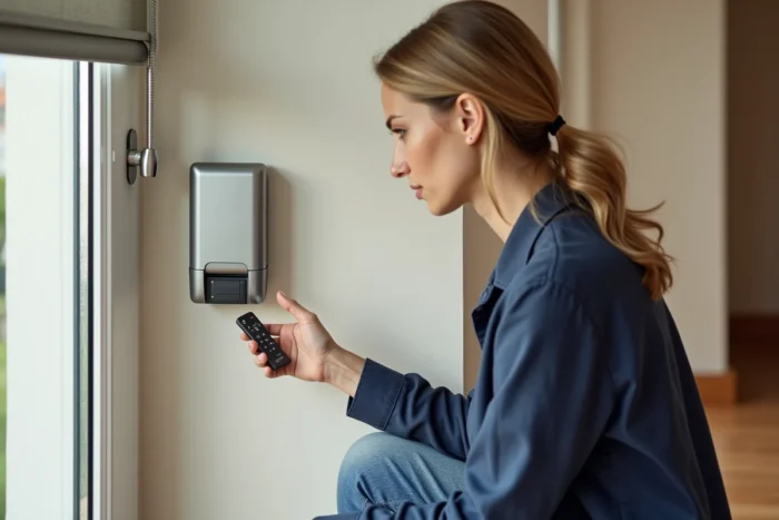 Femme en train de réassocier une télécommande Simu avec le moteur de volet roulant en appuyant sur le bouton de synchronisation