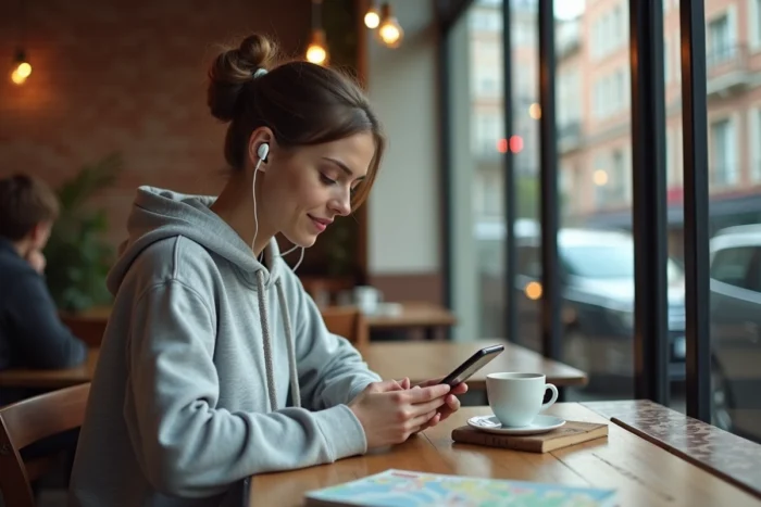 Voyageuse utilisant une application de guide audio sur smartphone dans un café urbain