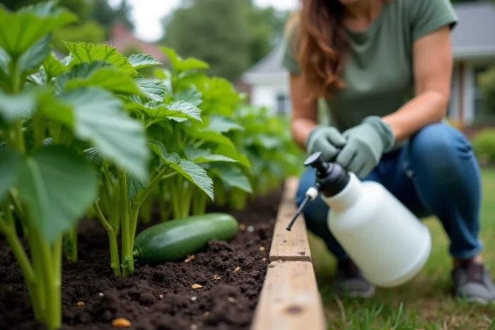 Jeune femme appliquant du purin d'ail sur des légumes dans un potager surélevé avec un pulvérisateur
