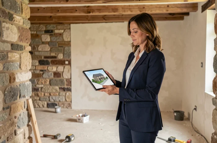 Architecte féminine consultant un projet de rénovation sur tablette dans une maison en pierre du Cher