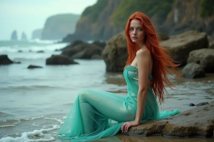 Jeune femme aux longs cheveux roux dans un costume de sirène inspiré d'Ariel sur des rochers côtiers