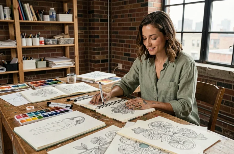 Artiste illustratrice dans son atelier de création entouré de carnets de croquis et de matériaux artistiques