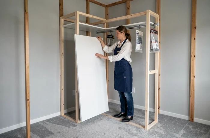 Femme assemblant les étagères d'un dressing en kit Brico Dépôt dans une chambre en cours de rénovation