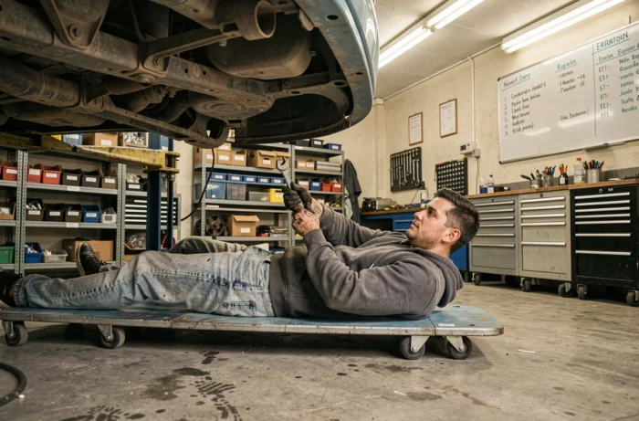 Jeune homme réparant le dessous de sa voiture dans un atelier de garage solidaire en Hainaut avec l'aide de bénévoles