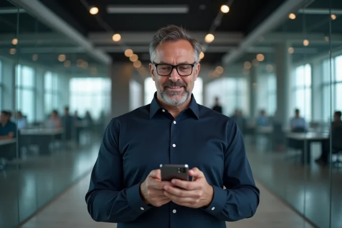 Homme professionnel validant une authentification à deux facteurs sur son smartphone dans un bureau moderne