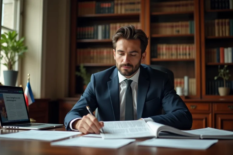 Avocat français examinant des documents juridiques sur la loi relative au téléchargement en France en 2026