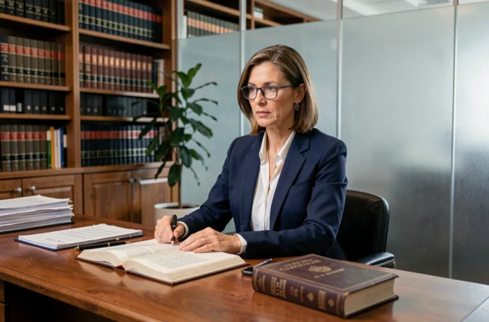 Une avocate spécialisée en droit de la famille consultant le code civil français relatif au divorce pour altération du lien conjugal, articles 237 et 238