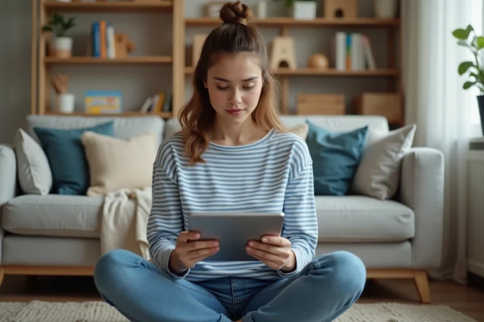 Baby-sitter professionnelle consultant son profil sur une application de réservation de garde d'enfants