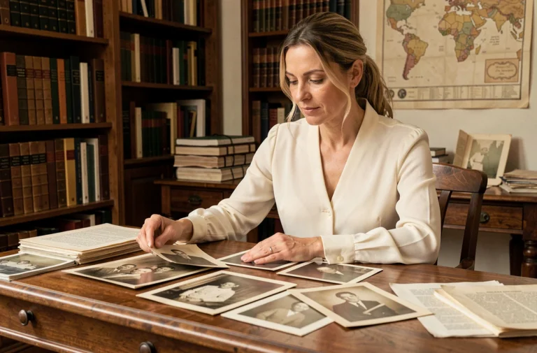 Femme étudiant des photographies de famille anciennes dans un bureau aux allures d'archives généalogiques