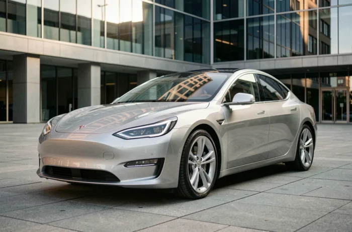 Berline électrique moderne aux lignes aérodynamiques garée sur une place urbaine contemporaine, reflets métalliques sur la carrosserie argentée