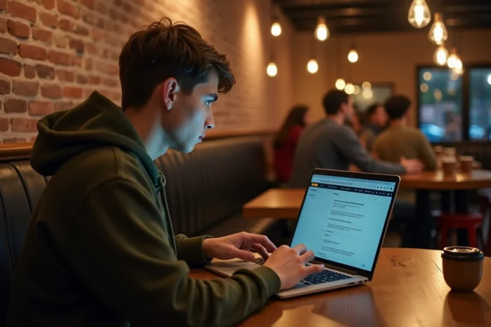 Jeune adulte consultant les bonnes pratiques de sécurité de connexion sur un ordinateur portable dans un café