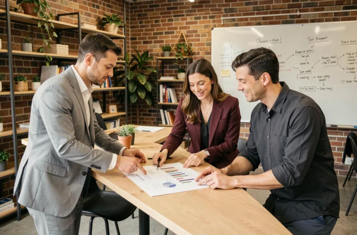 Équipe d'entrepreneurs et de conseillers professionnels analysant un plan de croissance personnalisé dans un espace de coworking