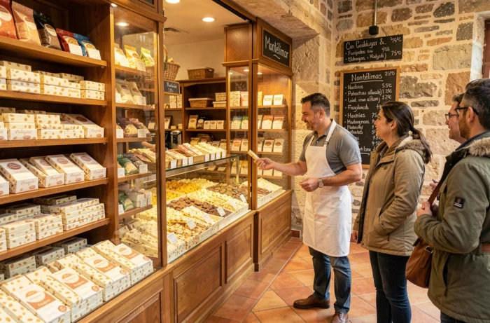 Boutique artisanale de nougat à Montélimar avec devanture colorée et confiseries traditionnelles exposées sur des étagères en bois