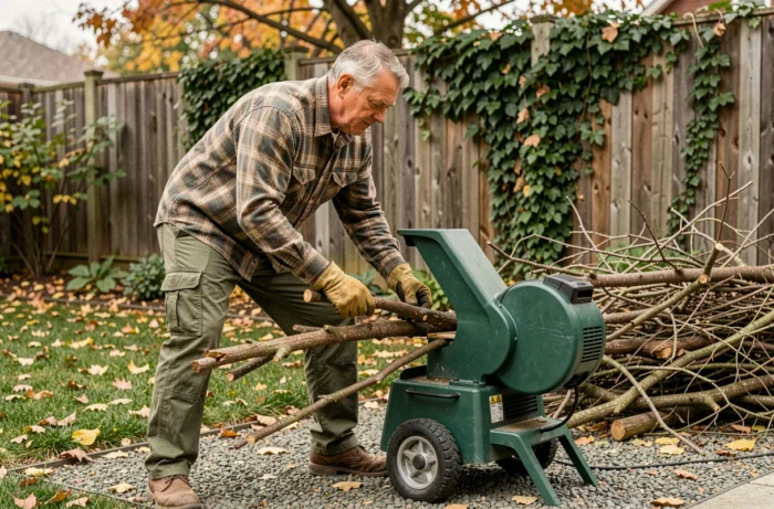 Homme utilisant un broyeur de végétaux électrique Bosch dans un jardin en automne pour broyer des branches taillées