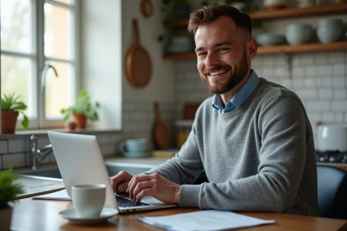 Homme vacataire calculant son salaire horaire sur un ordinateur portable à domicile