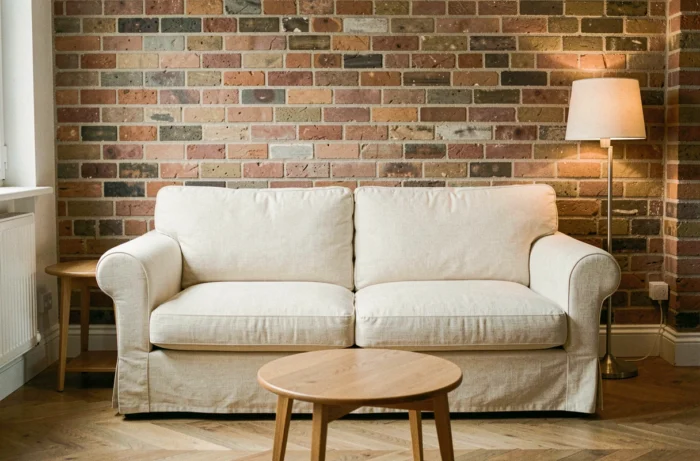 Petit canapé deux places en lin crème dans un salon parisien compact avec briques apparentes, illustrant le choix de dimensions adaptées aux petits espaces