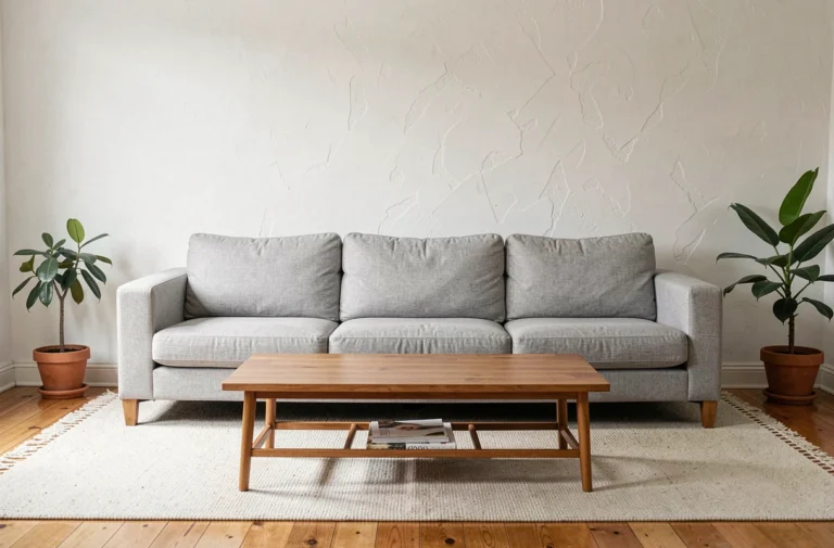 Canapé trois places gris clair bien dimensionné dans un salon scandinave harmonieux avec parquet chêne et table basse en bois