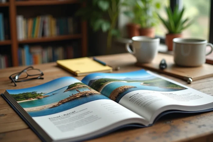 Catalogue de voyages ouvert avec liste de contrôle manuscrite et accessoires de planification sur un bureau en bois rustique