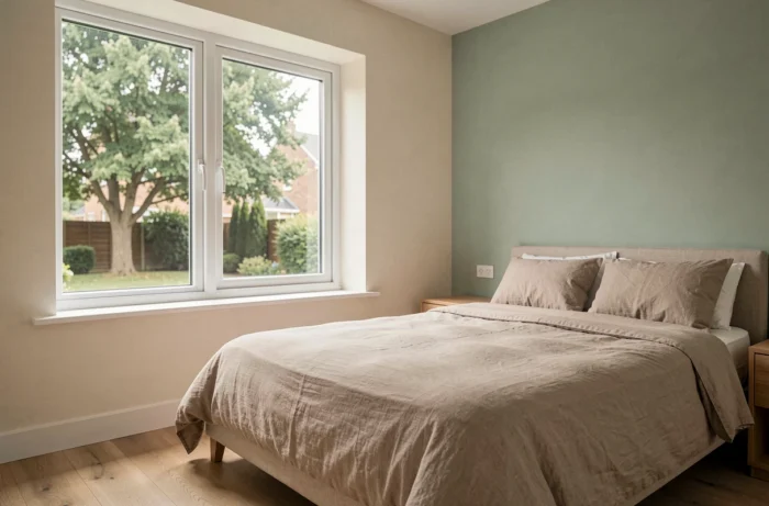 Chambre moderne avec fenêtre à battants en uPVC blanc double vitrage donnant sur un jardin verdoyant, literie en lin neutre et parquet chêne