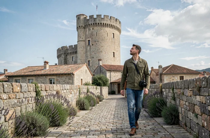 Visiteur remontant un chemin pavé vers le Château des Adhémar de Montélimar avec vue sur les toits et la tour médiévale