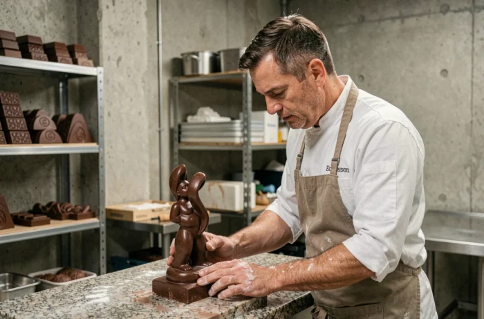 Chef pâtissier inspectant une sculpture en chocolat tempéré dans un atelier artisanal aux murs en béton