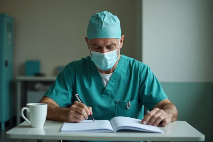 Chirurgien en tenue opératoire consultant des documents dans une salle de repos d'hôpital