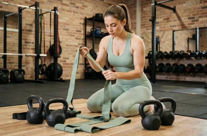 Coach sportive évaluant des équipements de fitness comme des bandes de résistance et kettlebells dans un studio de sport professionnel