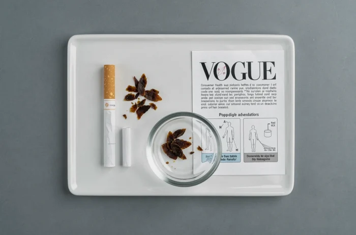 Vue à plat d'une cigarette Vogue déconstruite avec filtre séparé et résidu de goudron dans un contexte de recherche scientifique sur les colorants de filtre