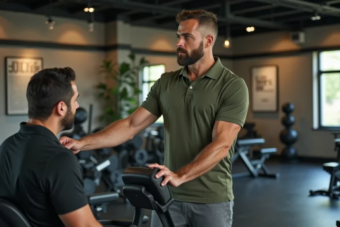 Coach sportif expliquant la bonne posture sur une chaise romaine à un client dans une salle de musculation