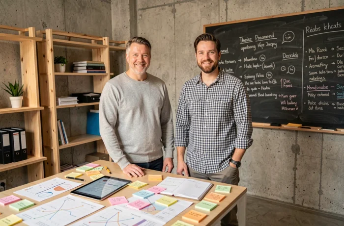 Deux cofondateurs discutant d'un plan de développement pour leur startup dans un bureau moderne en Suisse