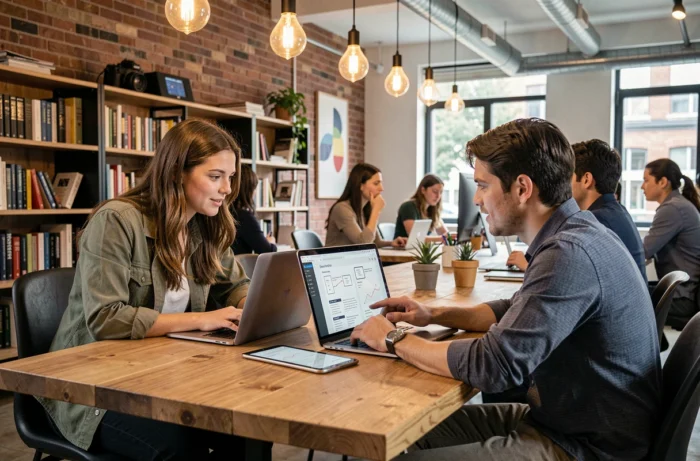 Deux professionnels collaborant sur des tendances numériques avec laptop et tablette dans un espace de coworking