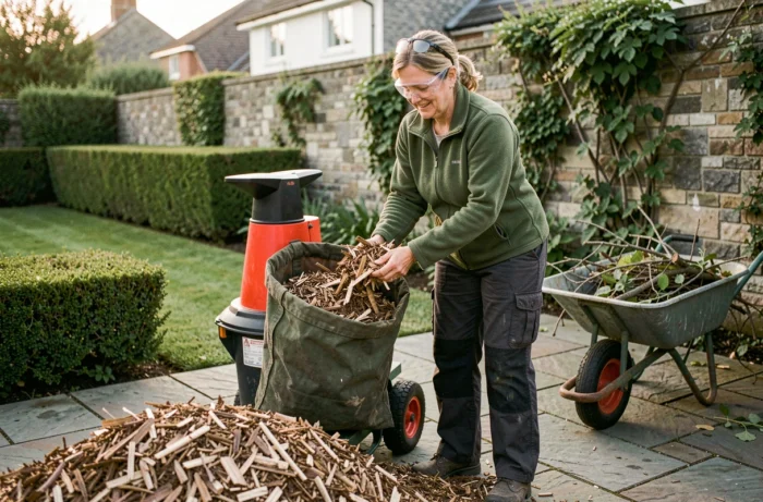 Femme récupérant le broyat de végétaux dans le bac collecteur du broyeur Bosch sur une terrasse de jardin