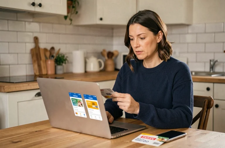 Femme comparant les avantages de Ma communauté Carrefour et Mon avis le rend gratuit sur un ordinateur portable dans une cuisine moderne