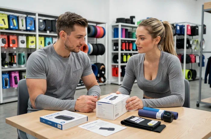 Deux sportifs comparant et choisissant des équipements de coaching dans un magasin de sport moderne, avec matériel fitness disposé sur une table