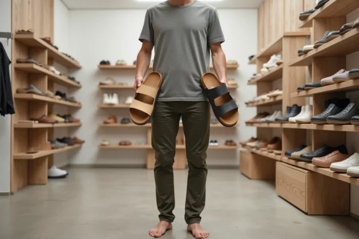Homme tenant deux sandales confortables alternatives à Birkenstock dans une boutique de chaussures minimaliste