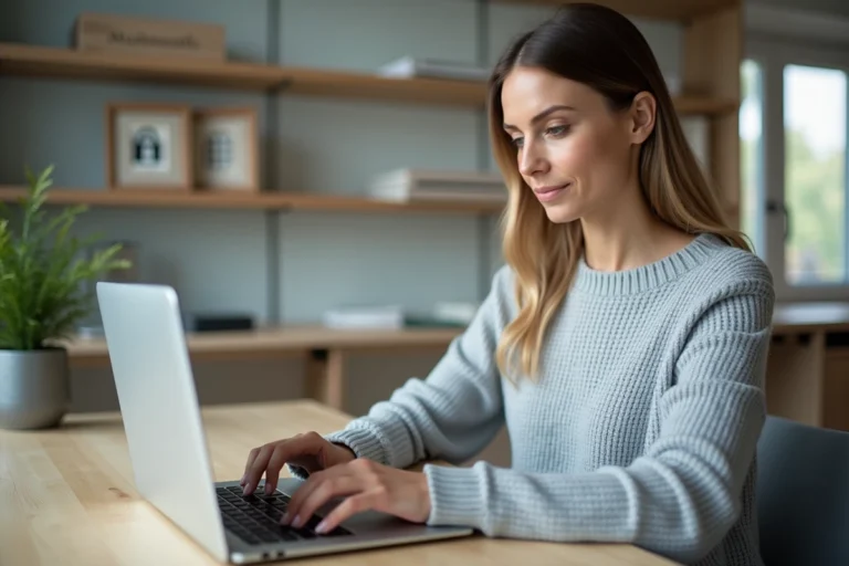 Femme utilisant un ordinateur portable pour se connecter de manière sécurisée sur une plateforme en ligne depuis son bureau à domicile
