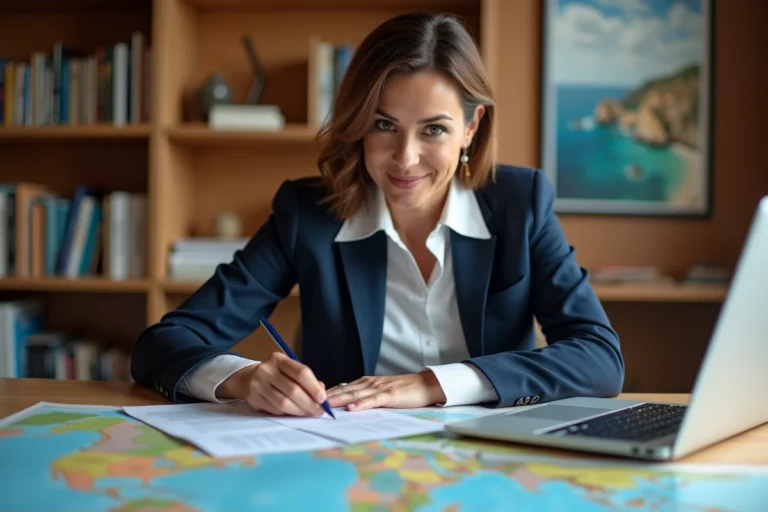 Conseillère en voyages parcourant des brochures et un site web de voyage sur son bureau dans une agence professionnelle