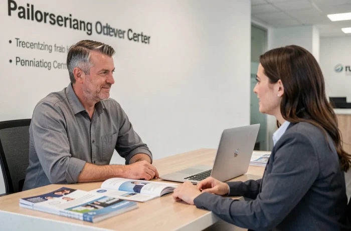 Consultation entre un candidat et un conseiller dans un organisme de formation RNCP