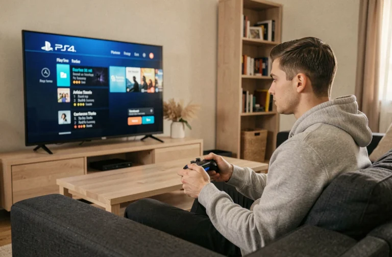 Jeune homme consultant les statistiques de temps de jeu sur sa PS4 depuis son canapé dans un salon moderne