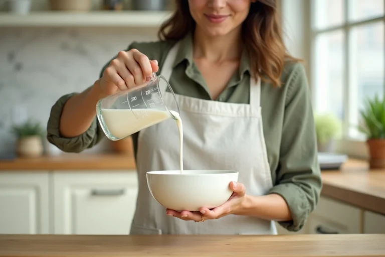 Femme versant 250 ml de lait dans un bol de cuisine avec un verre doseur gradué sur un plan de travail en marbre