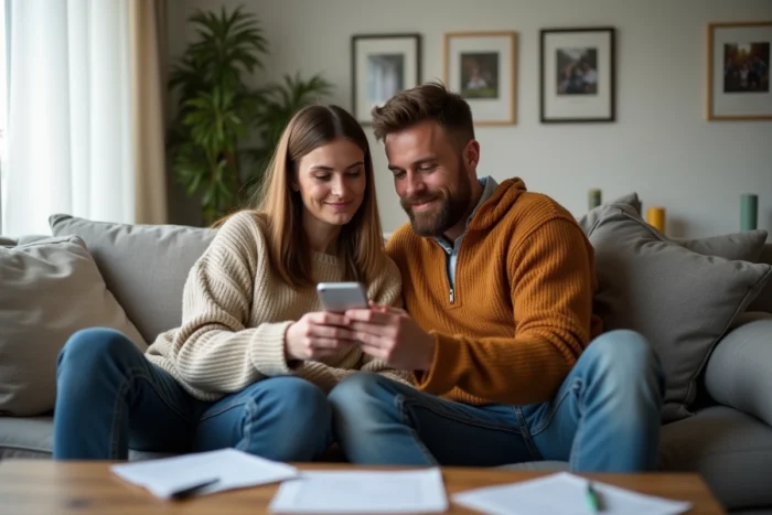 Couple vérifiant la confirmation de réservation d'une garde d'enfants sur smartphone à la maison