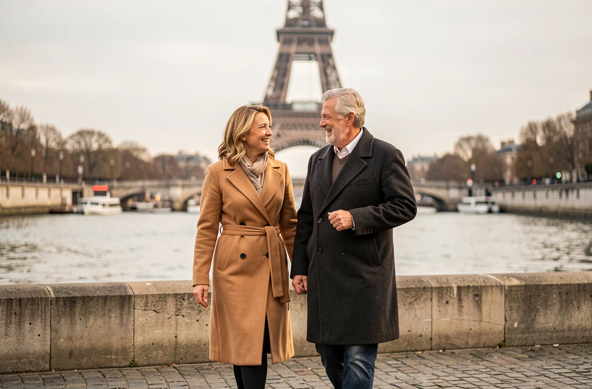Couple élégant se promenant le long de la Seine à Paris avec la Tour Eiffel en arrière-plan